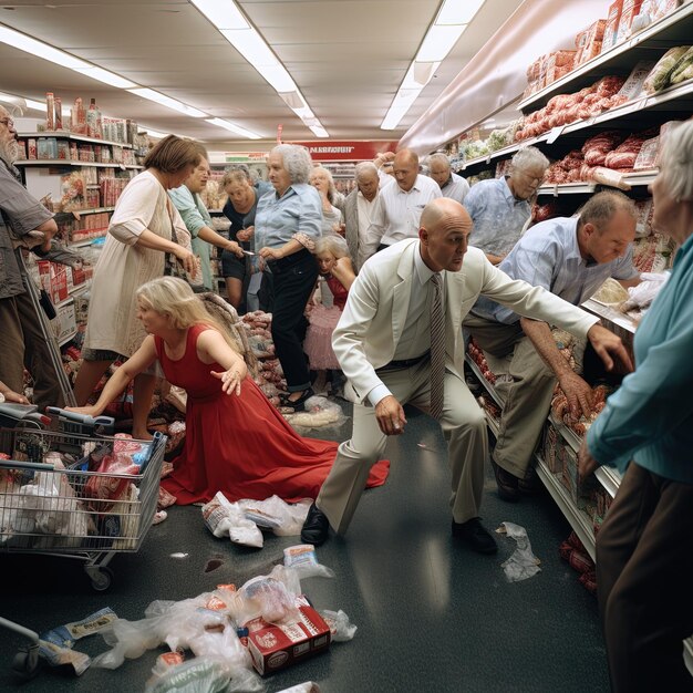 um grupo de pessoas está reunido em uma loja com uma mulher de vestido vermelho