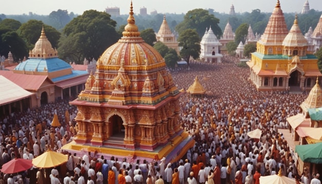 um grupo de pessoas está reunido num templo com um grande edifício ao fundo