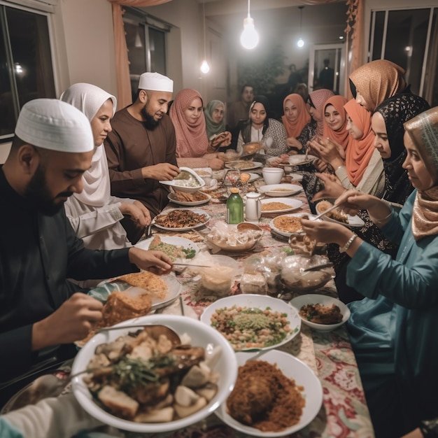Um grupo de pessoas está sentado ao redor de uma mesa com comida