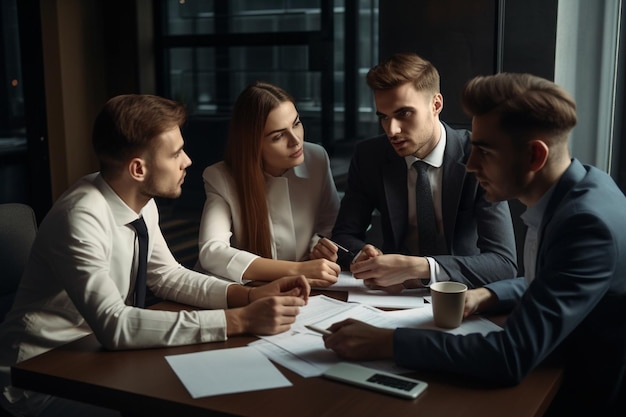 Um grupo de pessoas está sentado ao redor de uma mesa, discutindo um projeto.