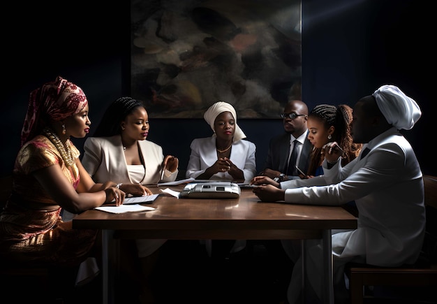 um grupo de pessoas está sentado ao redor de uma mesa, uma delas vestindo uma camisa branca e a outra com fundo preto.