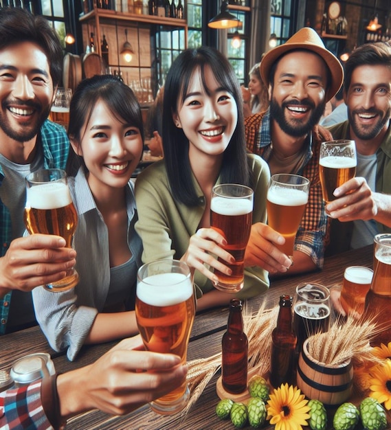 um grupo de pessoas está sentado em torno de uma mesa com copos de cerveja