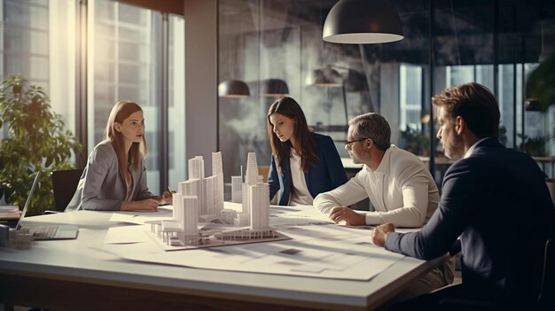 um grupo de pessoas está sentado em torno de uma mesa com um edifício no fundo