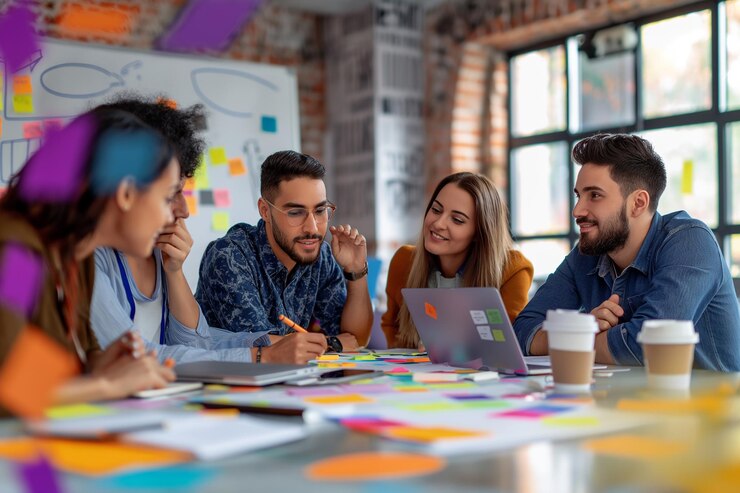 Um grupo de pessoas está sentado em torno de uma mesa com um laptop e um quadro branco