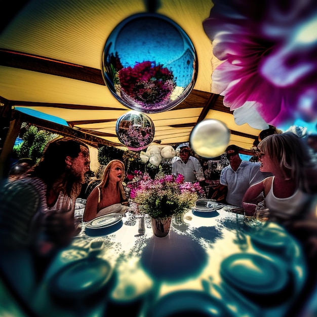 Foto um grupo de pessoas está sentado em torno de uma mesa com uma bola grande e flores na frente deles