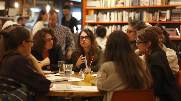 Foto um grupo de pessoas está sentado em torno de uma mesa em um café. todos estão vestindo roupas casuais e parecem estar tendo uma conversa.