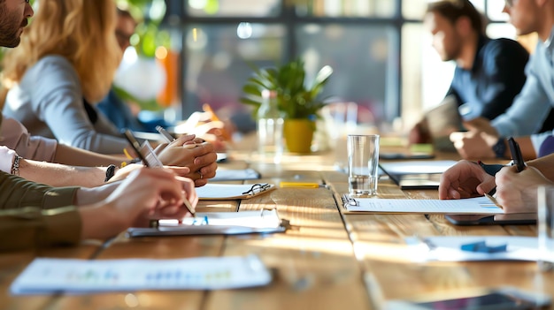 Um grupo de pessoas está sentado em torno de uma mesa tendo uma reunião Eles estão todos vestindo roupas casuais de negócios e estão segurando clipboards ou papéis