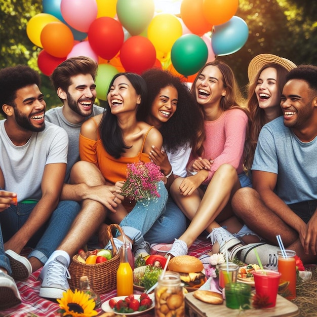 Foto um grupo de pessoas está sentado em um cobertor com balões e uma cesta de frutas