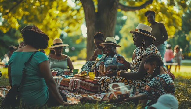 Um grupo de pessoas está sentado em um parque desfrutando de um piquenique