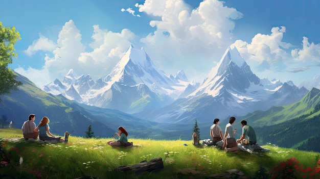 um grupo de pessoas está sentado em um prado, um dos quais tem uma montanha ao fundo.