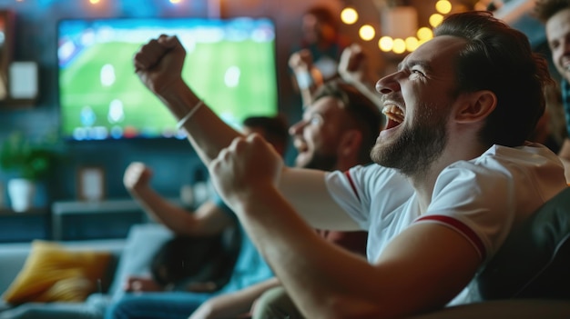 Foto um grupo de pessoas está sentado em um sofá assistindo a um jogo de futebol em uma televisão