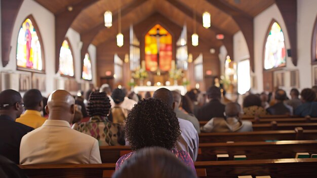 Foto um grupo de pessoas está sentado em uma igreja o foco está na parte de trás de suas cabeças a luz dos vitrais está brilhando sobre eles
