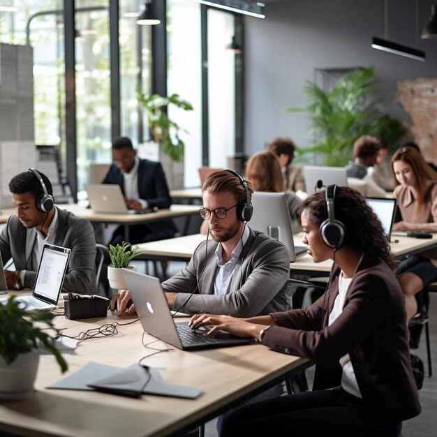 um grupo de pessoas está sentado em uma mesa com laptops e fones de ouvido