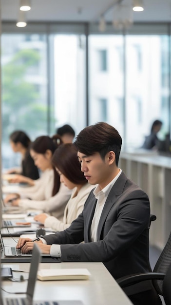 Um grupo de pessoas está sentado em uma mesa com laptops e óculos