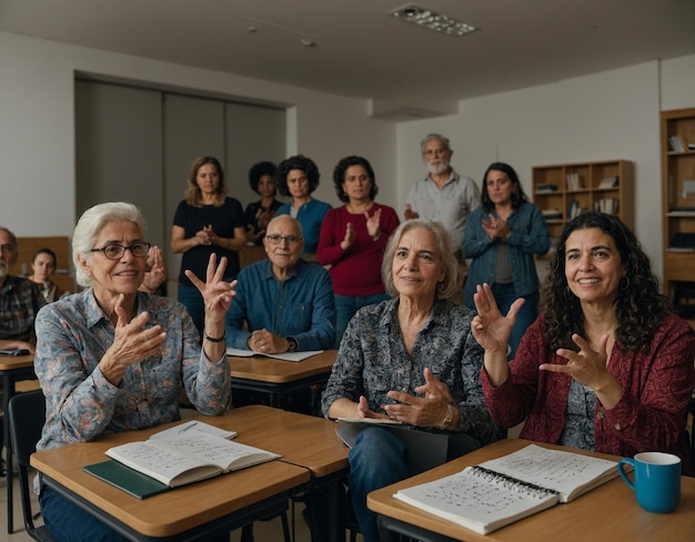 Foto um grupo de pessoas está sentado em uma mesa com um que diz paz