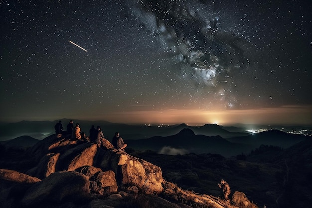 Um grupo de pessoas está sentado em uma pedra olhando para um céu estrelado com uma via láctea ao fundo.