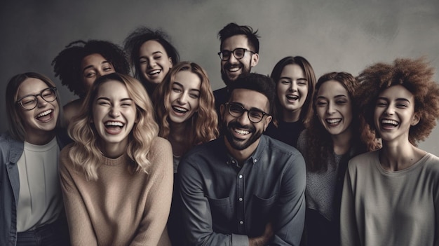 Um grupo de pessoas está sorrindo e rindo juntos.