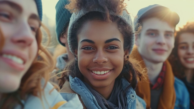 Um grupo de pessoas está sorrindo e uma tem um sorriso no rosto