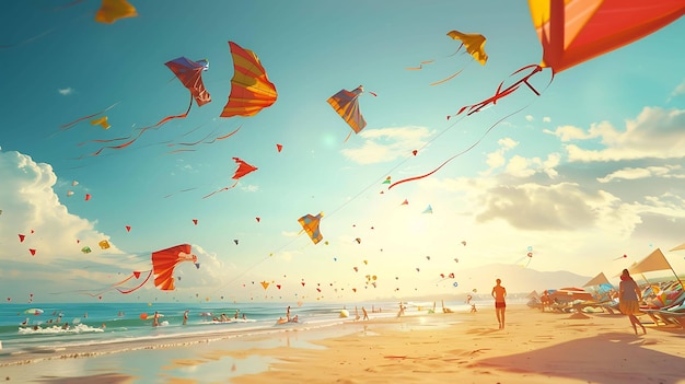 Um grupo de pessoas está voando papagaios em uma praia o sol está brilhando e as ondas estão batendo no fundo