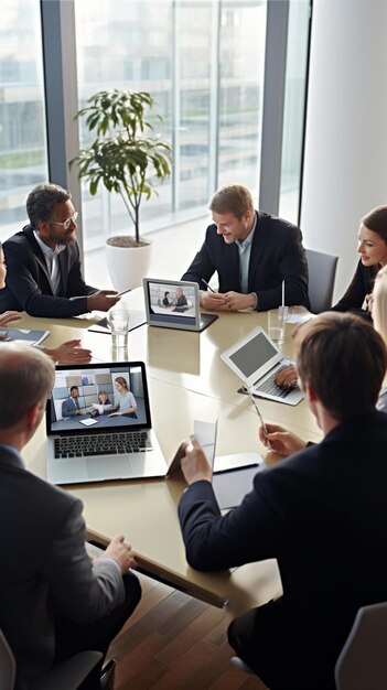 Um grupo de pessoas estão em torno de uma mesa com um laptop e uma tela que diz negócio