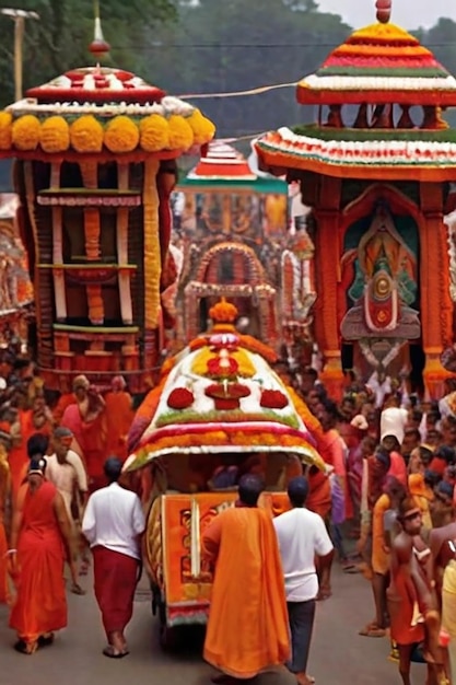 Foto um grupo de pessoas estão em um templo com um grande toldo laranja e verde