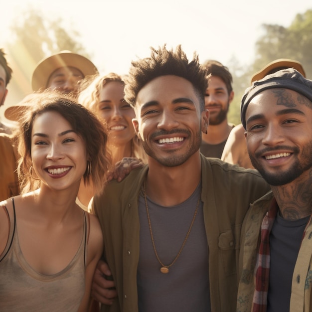 Foto um grupo de pessoas estão juntas e sorrindo.