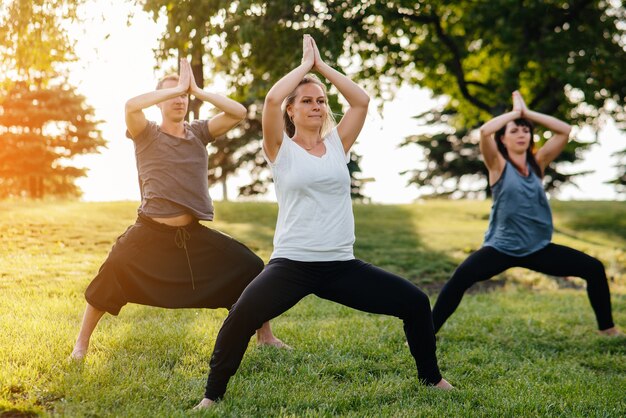 Um grupo de pessoas faz ioga no parque ao pôr do sol. Estilo de vida saudável, meditação e bem-estar.