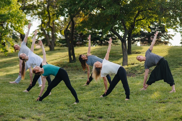 Um grupo de pessoas faz ioga no parque ao pôr do sol. Estilo de vida saudável, meditação e bem-estar.