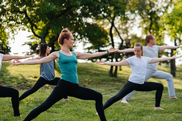 Um grupo de pessoas faz ioga no parque ao pôr do sol