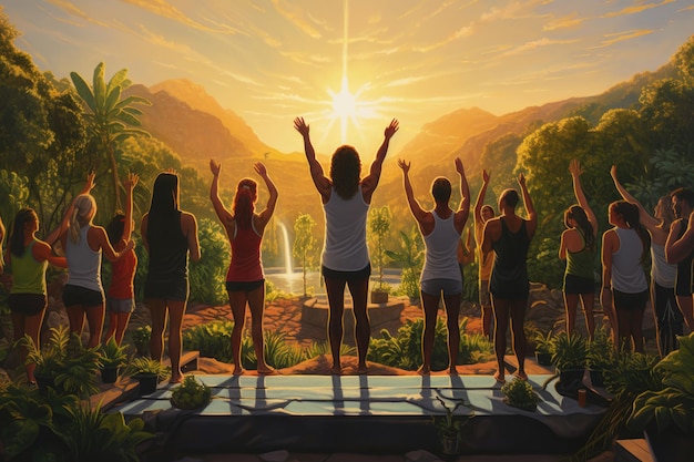 um grupo de pessoas fazendo meditação e ioga contra o fundo de uma paisagem tropical