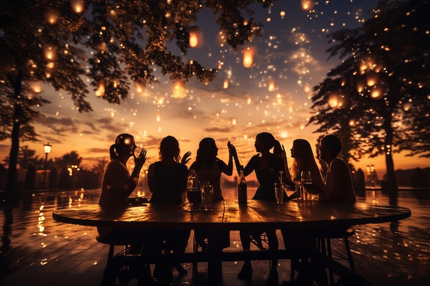 Um grupo de pessoas felizes a celebrar feriados com champanhe e siluetas brilhantes no pôr-do-sol.