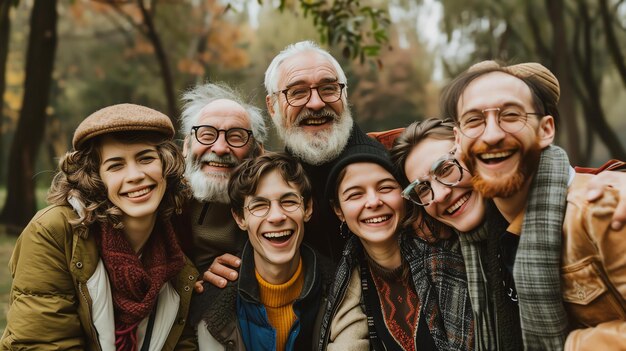 Um grupo de pessoas felizes e diversas de todas as idades está posando para uma foto em um parque. Todos estão sorrindo e rindo e vestindo roupas casuais.