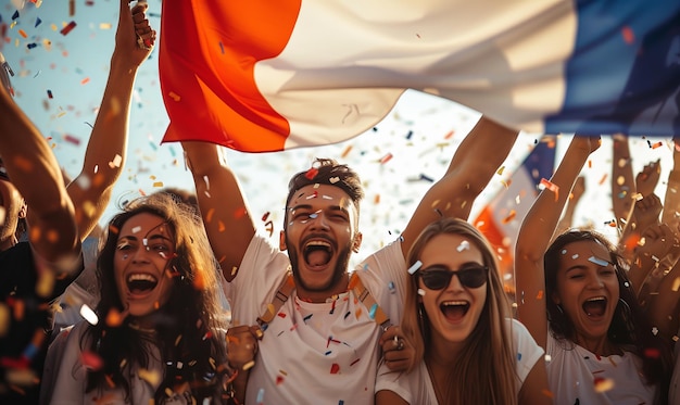 Um grupo de pessoas festejando e aplaudindo em celebração com a bandeira da França