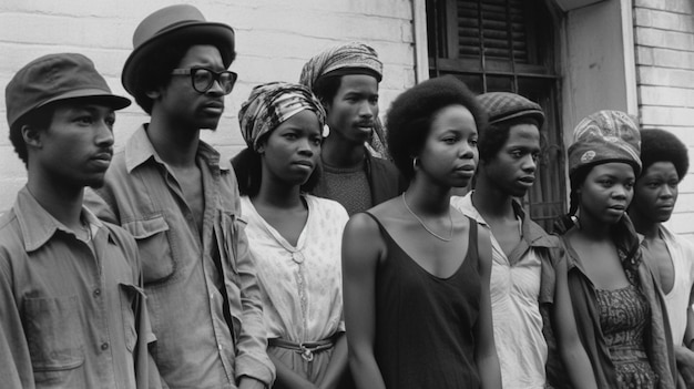 Foto um grupo de pessoas fica em frente a um prédio que diz 'história negra'