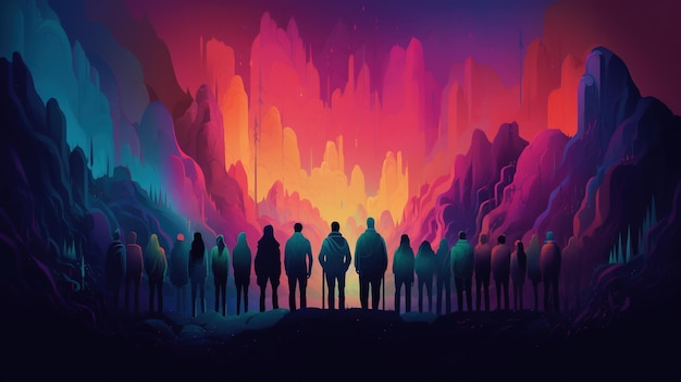 Um grupo de pessoas fica em frente ao brilho colorido de uma montanha.