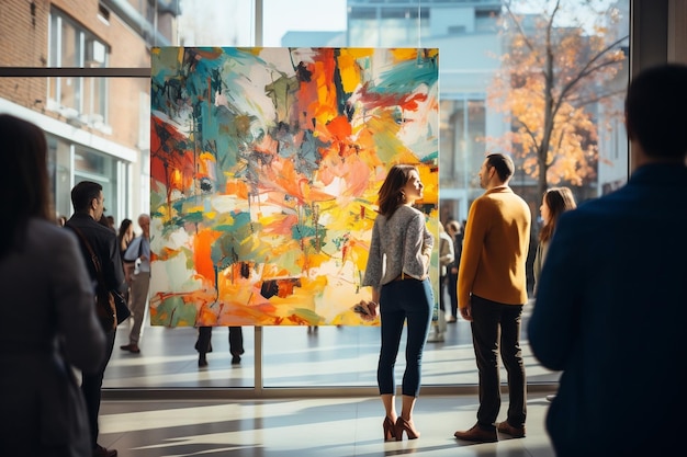 Um grupo de pessoas frequenta uma galeria de arte com pinturas generativas Ai
