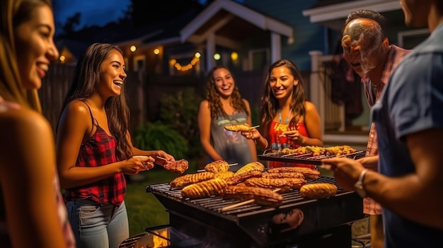 Foto um grupo de pessoas grelhando salsichas em uma grelha