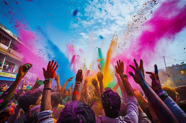 Foto um grupo de pessoas jogando pó colorido no ar