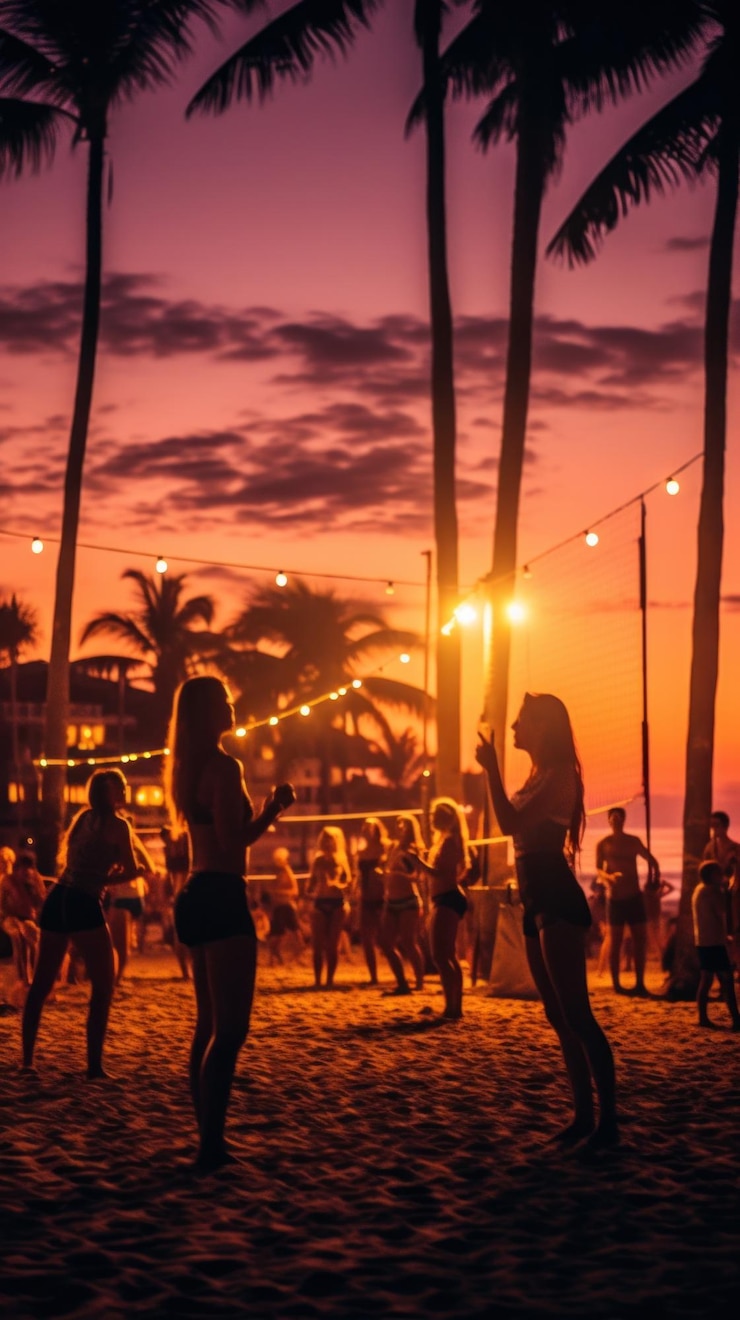 Foto um grupo de pessoas jogando voleibol de praia sob as luzes com o som das ondas