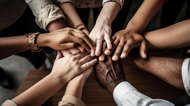 Foto um grupo de pessoas juntando as mãos