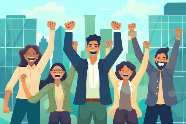 Um grupo de pessoas levantando as mãos em unidade adequado para a formação de equipes e conceitos de sucesso