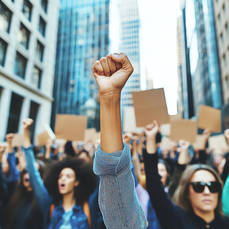 Foto um grupo de pessoas levantando os punhos no ar ou celebrando suas conquistas