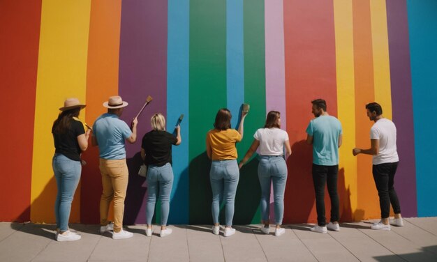 Foto um grupo de pessoas lgbtqia pinta uma parede da rua da cidade nas cores brilhantes da bandeira do mês do orgulho do arco-íris