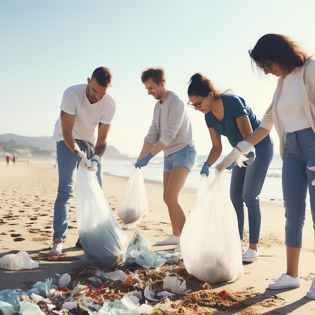 Um grupo de pessoas limpando lixo na praia