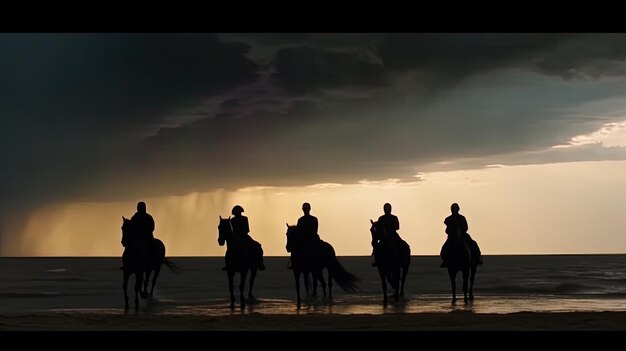 Foto um grupo de pessoas montando cavalos na praia