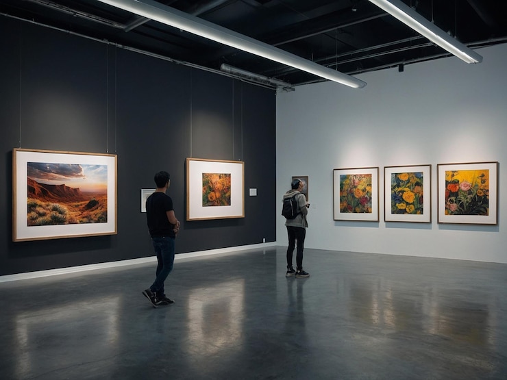 Foto um grupo de pessoas olhando para pinturas em uma parede