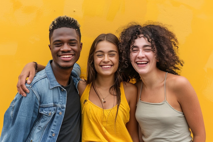 Foto um grupo de pessoas posando para uma foto com as palavras "amigos"