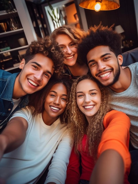 Um grupo de pessoas posando para uma foto com um deles tirando uma foto