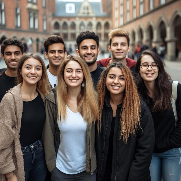 Um grupo de pessoas posando para uma foto com um prédio ao fundo.