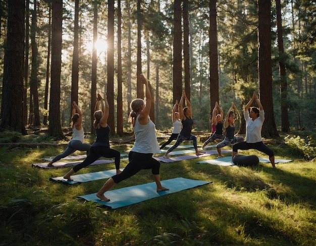 um grupo de pessoas praticando ioga na floresta